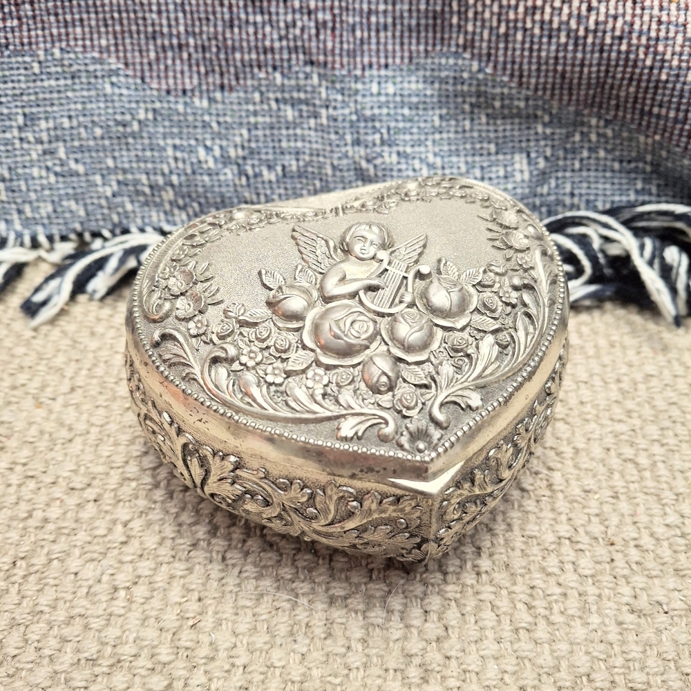 Vintage Japan Heart Jewelry Box Cherub Lyre Silver Plated Trinket